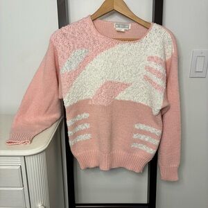Vintage Eatons Pink and White Women's Crew Neck Sweater. From the 80s.